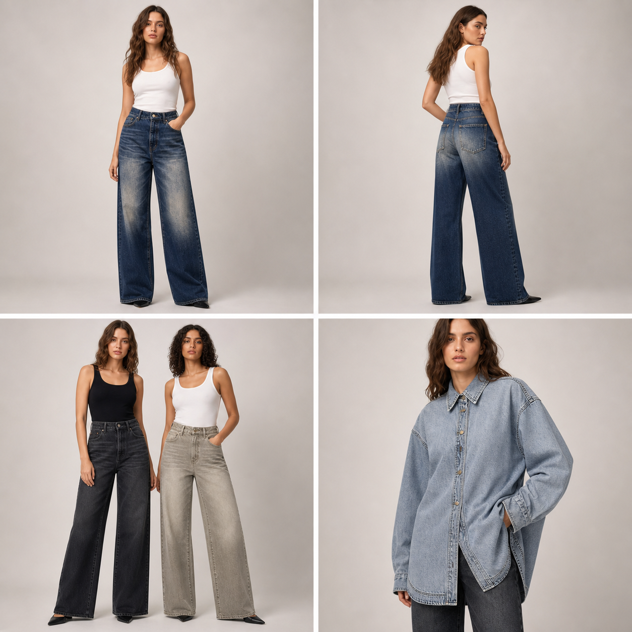Women wearing TANTYDENIM wide-leg jeans and an oversized denim shirt showing custom wash and fit development
