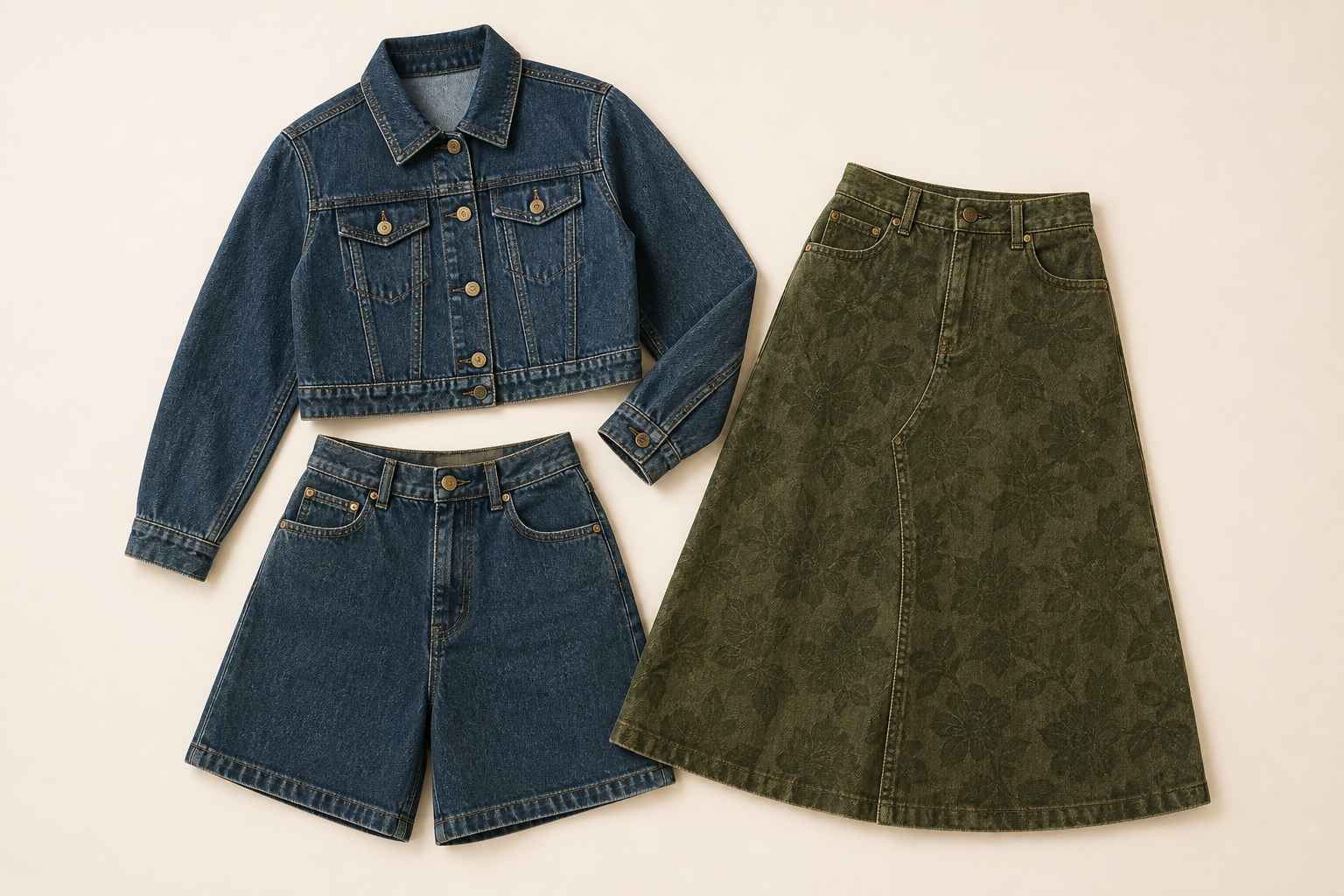 Women's denim jacket, shorts and skirt capsule