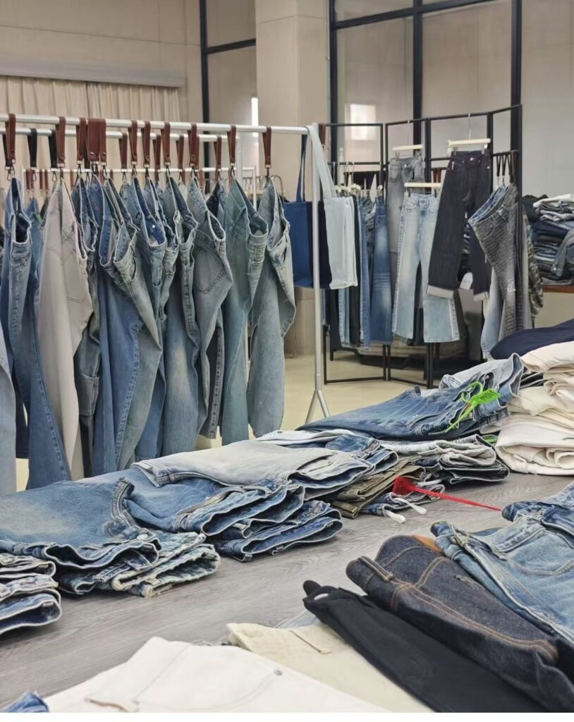 Denim samples organised for fit wash construction and product development review