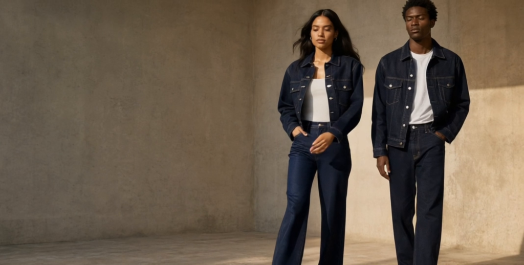 Two models wearing dark denim jackets and jeans