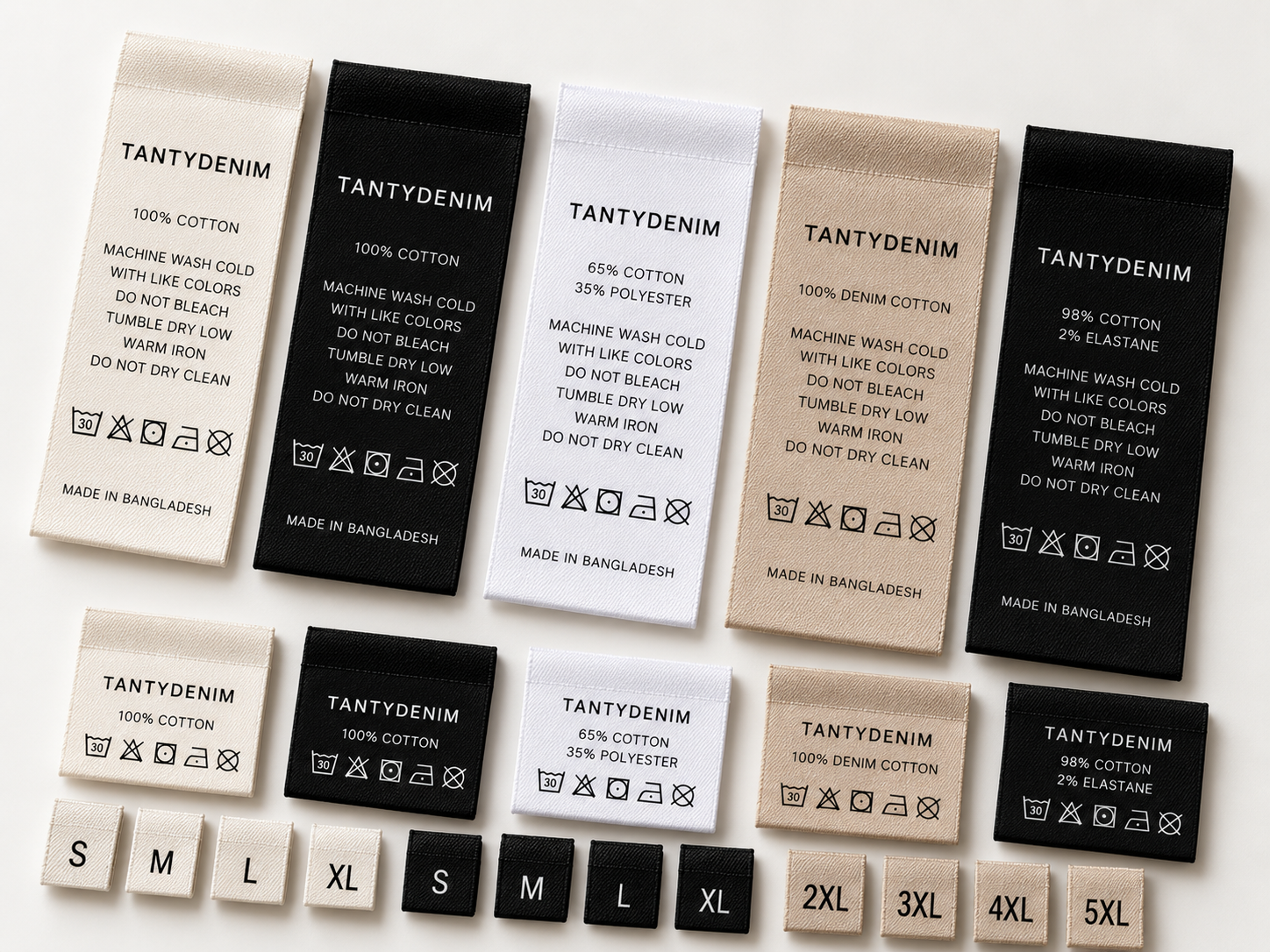 TANTYDENIM care labels composition labels and size labels in neutral colors