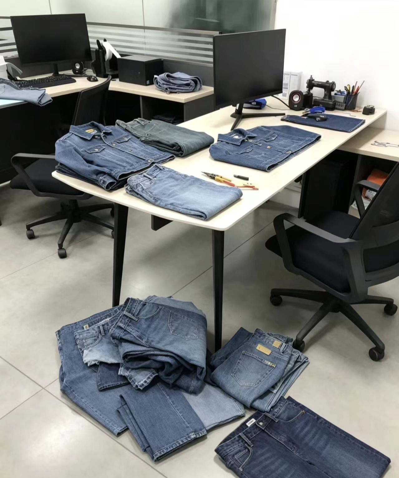Denim development review workspace with jeans samples, sewing equipment and tools before sampling