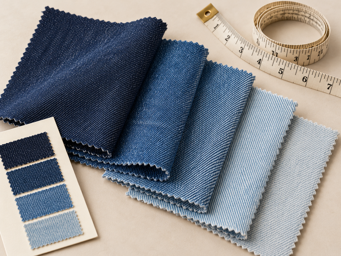Denim fabric swatches in multiple indigo wash shades with measuring tape