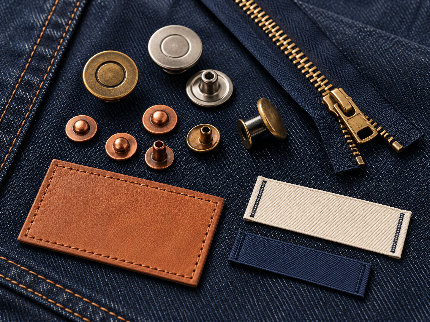 Metal jeans buttons rivets zipper and label trims arranged on dark denim